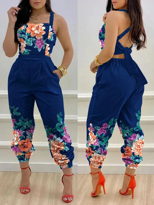 Novo macacão sem mangas estampado da moda de verão, vazado, sem costas, com cadarço, longo, elegante, casual, com bolso