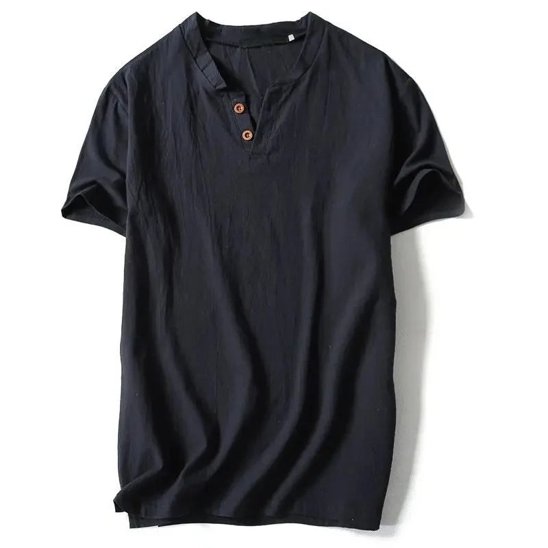 Camiseta masculina de linho, manga curta, verão, cor sólida, decote em V, versátil