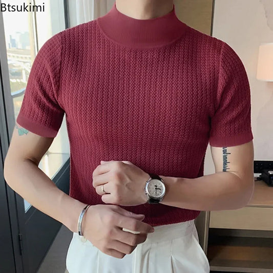 Camiseta masculina de malha, casual texturizada, meia gola alta, lisa, manga curta