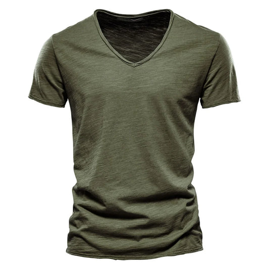 Nova camiseta masculina de verão 2025, gola V, 100% algodão penteado, manga curta