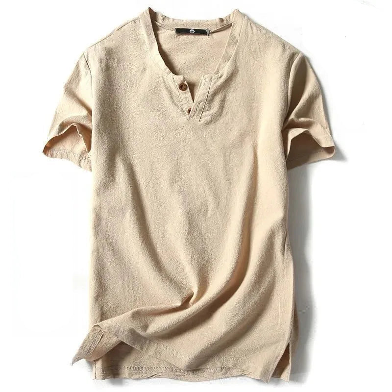Camiseta masculina de linho, manga curta, verão, cor sólida, decote em V, versátil