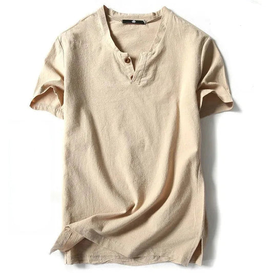 Camiseta masculina de linho, manga curta, verão, cor sólida, decote em V, versátil