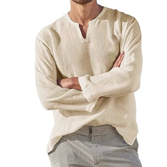 Camisa masculina de algodão e linho, cor sólida, aconchegante, manga comprida, respirável, casual de verão com decote em V