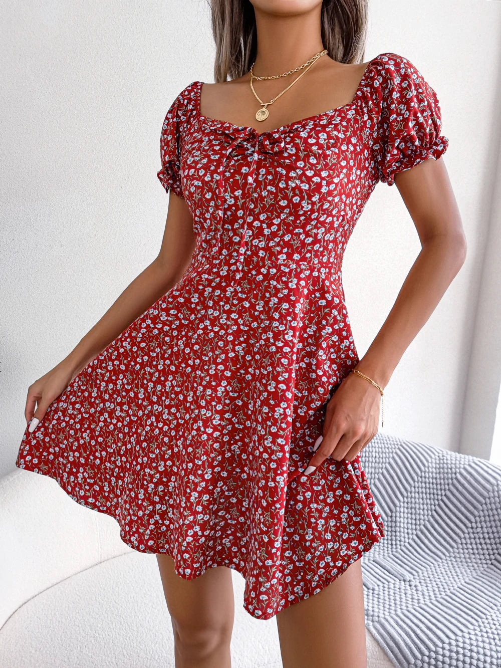 Vestido feminino casual com babados, manga curta, estampa floral